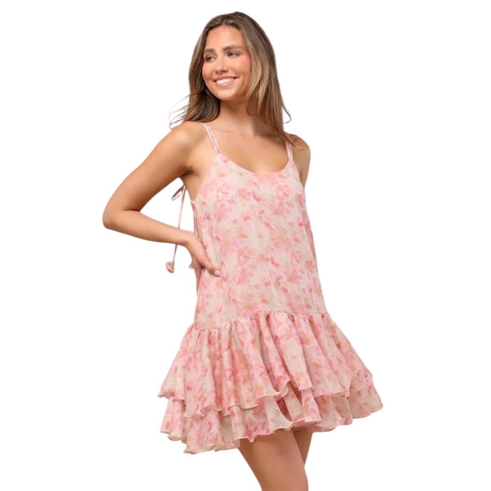 En Saison Nwt Daniella Pink & Yellow Floral Swing Mini Dress Ruffle Femininity